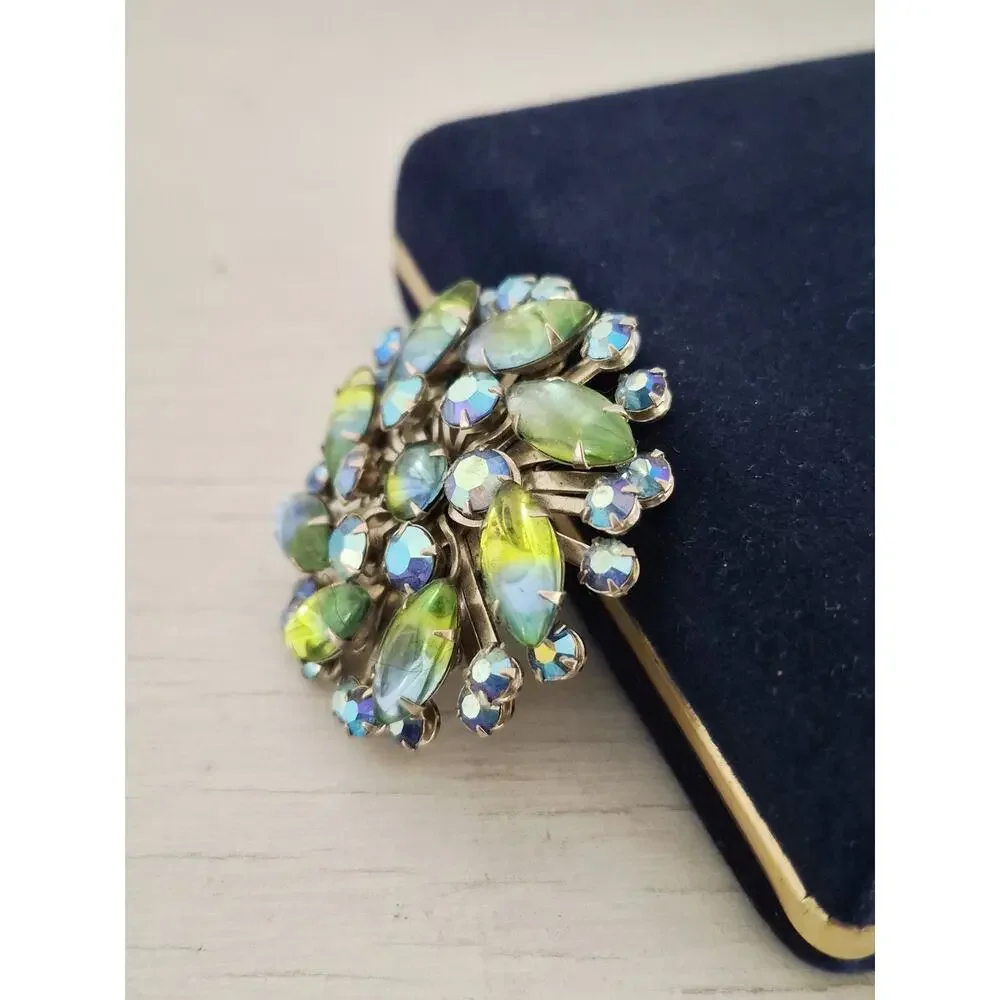 Vintage MCM Blue Green Iridescent Rhinestone Dome Brooch
